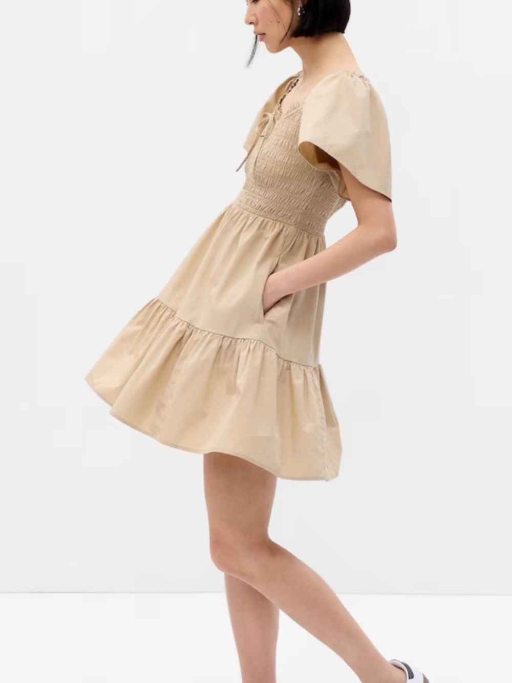 GAP Beige Smocked Puff-Sleeve Mini Dress